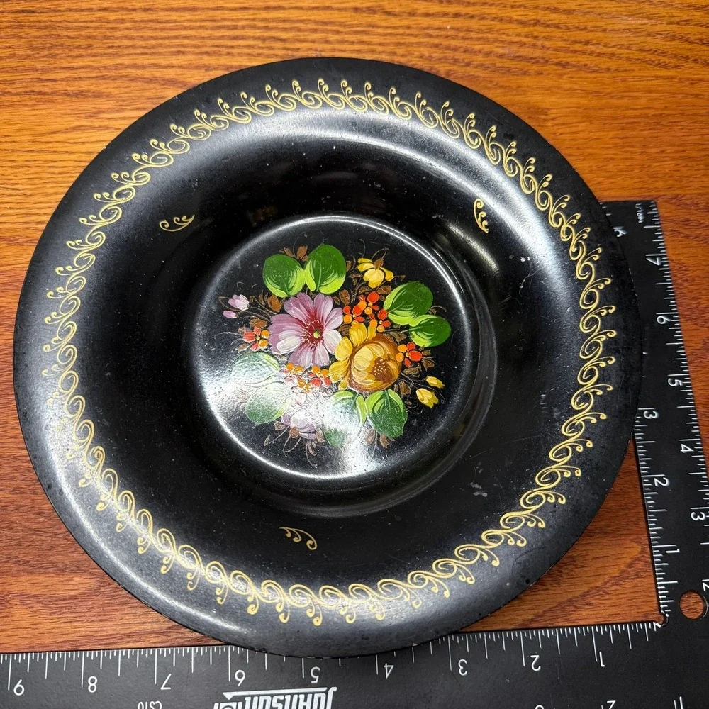 Vintage Black Porcelain Dish Hand Painted‎ - Floral -Japan